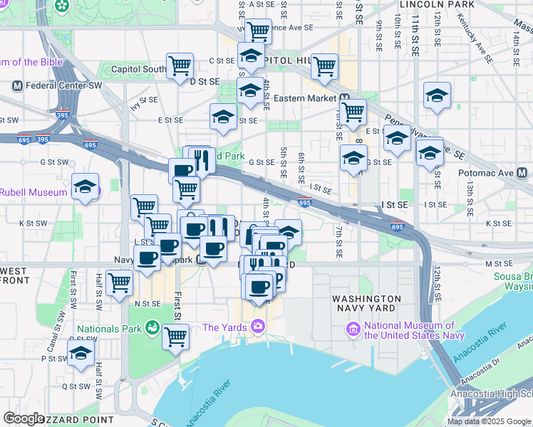 map of restaurants, bars, coffee shops, grocery stores, and more near 920 4th Street Southeast in Washington