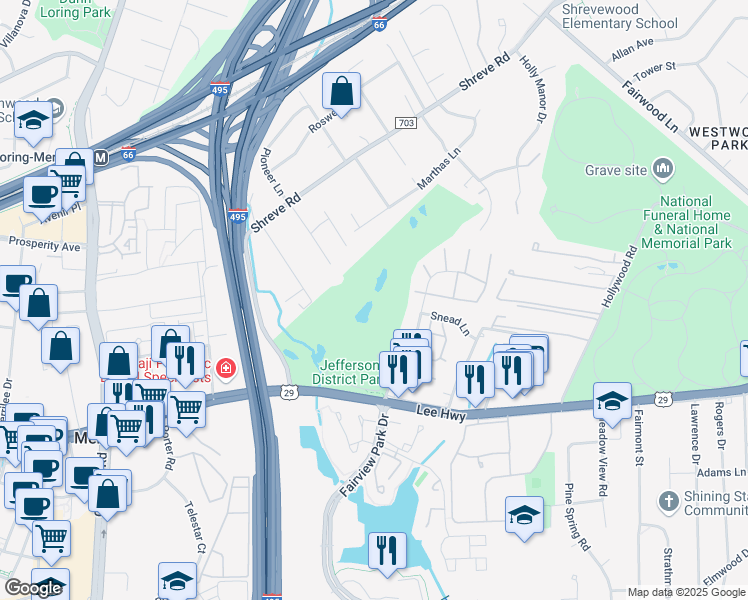 map of restaurants, bars, coffee shops, grocery stores, and more near 7900 Lee Highway in Falls Church