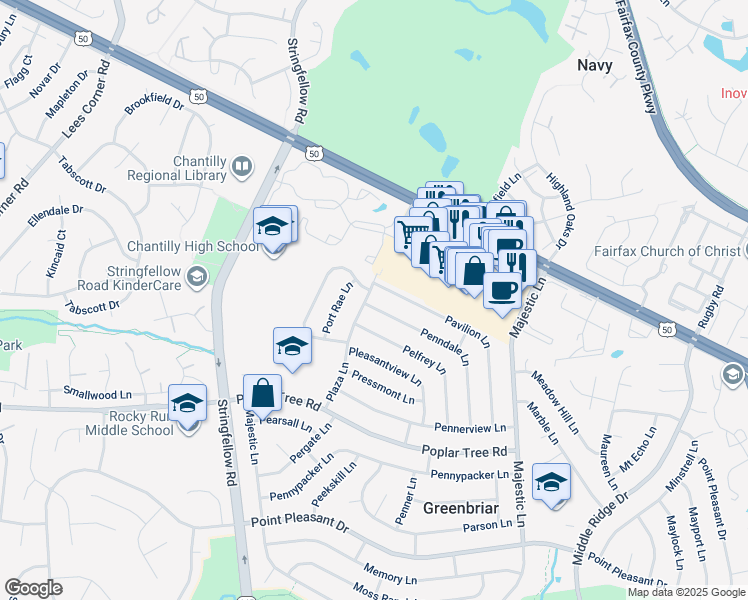 map of restaurants, bars, coffee shops, grocery stores, and more near 4105 Plaza Lane in Fairfax