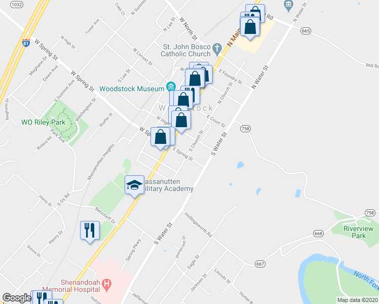 map of restaurants, bars, coffee shops, grocery stores, and more near 231 South Church Street in Woodstock