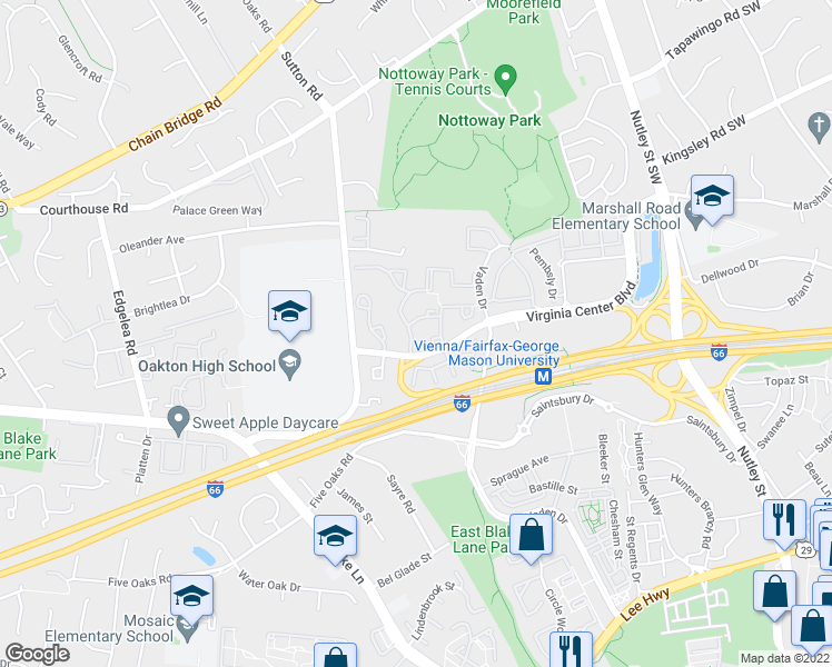 map of restaurants, bars, coffee shops, grocery stores, and more near 2929 Village Spring Lane in Vienna