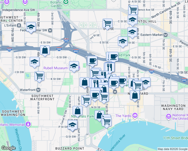 map of restaurants, bars, coffee shops, grocery stores, and more near 10 K Street Southeast in Washington