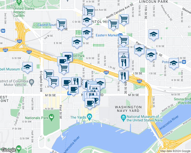 map of restaurants, bars, coffee shops, grocery stores, and more near 924 4th Street Southeast in Washington