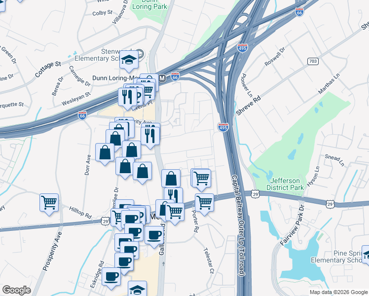 map of restaurants, bars, coffee shops, grocery stores, and more near 8130 Prescott Drive in Vienna