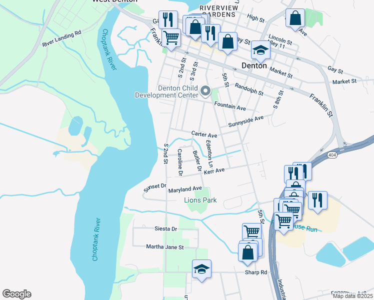 map of restaurants, bars, coffee shops, grocery stores, and more near 108 Butler Drive in Denton
