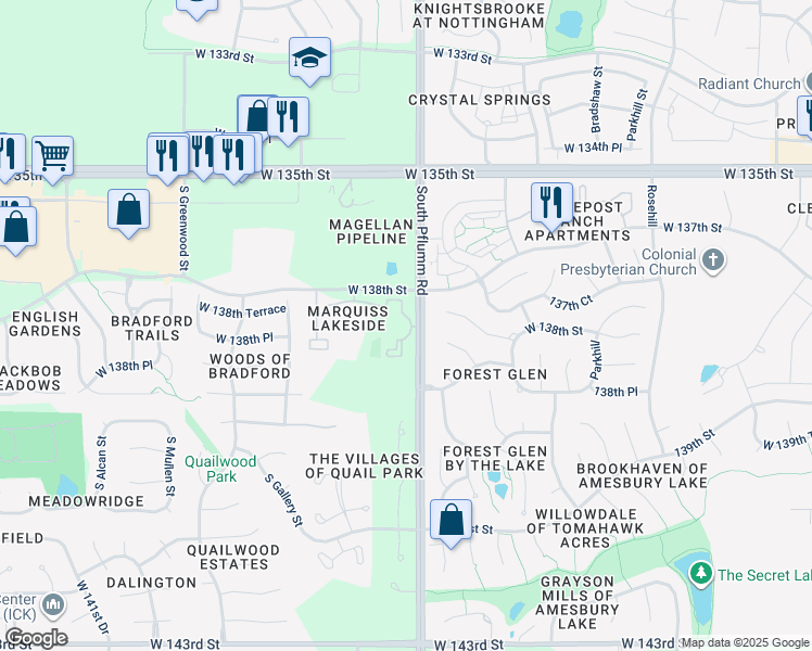 map of restaurants, bars, coffee shops, grocery stores, and more near 13810 South Pflumm Road in Olathe