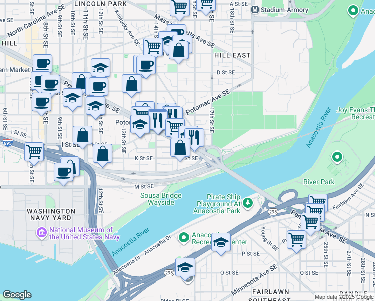 map of restaurants, bars, coffee shops, grocery stores, and more near 101 Independence Avenue Southeast in Washington