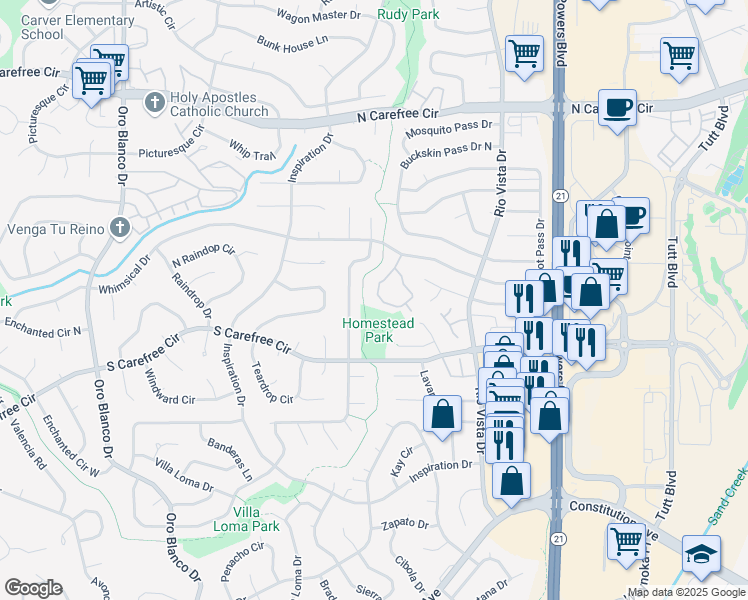 map of restaurants, bars, coffee shops, grocery stores, and more near 5615 Escapardo Way in Colorado Springs