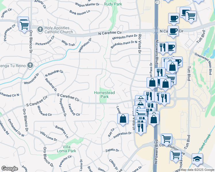 map of restaurants, bars, coffee shops, grocery stores, and more near 3188 Vail Pass Drive in Colorado Springs