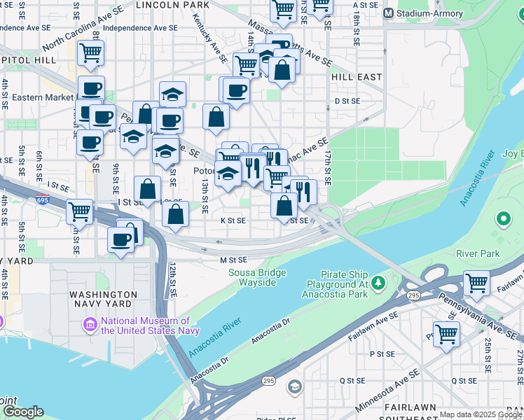 map of restaurants, bars, coffee shops, grocery stores, and more near 101 Independence Avenue Southeast in Washington