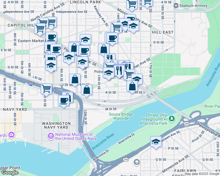 map of restaurants, bars, coffee shops, grocery stores, and more near 101 Independence Avenue Southeast in Washington