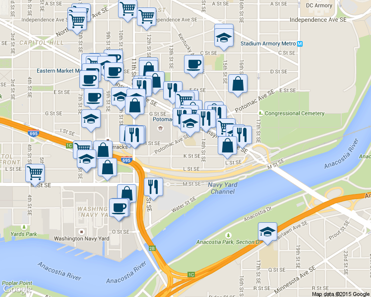 map of restaurants, bars, coffee shops, grocery stores, and more near 101 Independence Avenue Southeast in Washington