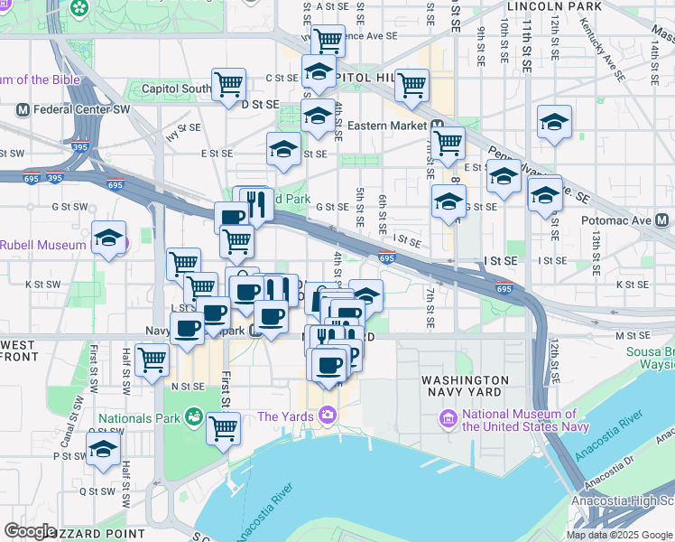 map of restaurants, bars, coffee shops, grocery stores, and more near 101 Independence Avenue Southeast in Washington