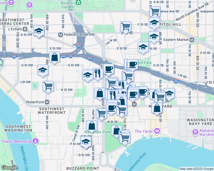 map of restaurants, bars, coffee shops, grocery stores, and more near 101 Independence Avenue Southeast in Washington