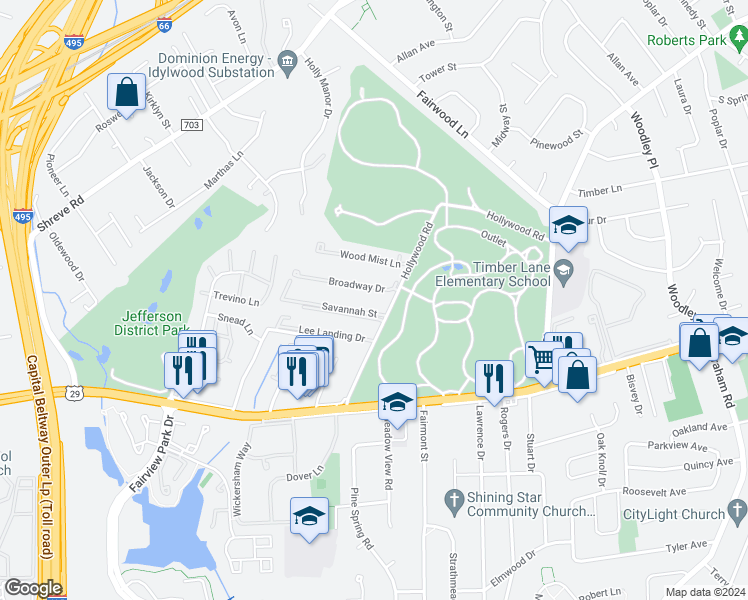 map of restaurants, bars, coffee shops, grocery stores, and more near 2754 Hollywood Road in Falls Church