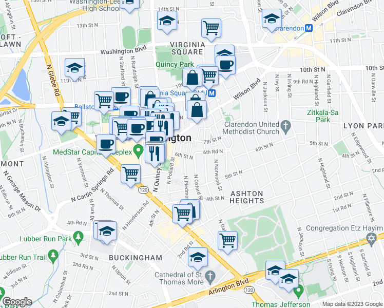map of restaurants, bars, coffee shops, grocery stores, and more near 608 North Oxford Street in Arlington