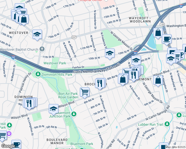 map of restaurants, bars, coffee shops, grocery stores, and more near 5513 9th Road North in Arlington
