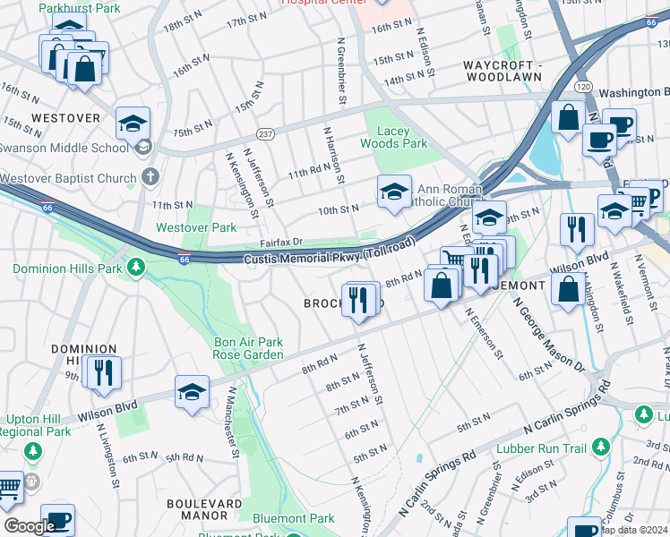 map of restaurants, bars, coffee shops, grocery stores, and more near 5513 9th Road North in Arlington