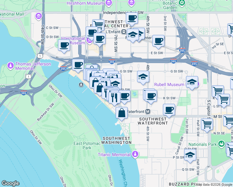 map of restaurants, bars, coffee shops, grocery stores, and more near 101 Independence Avenue Southeast in Washington