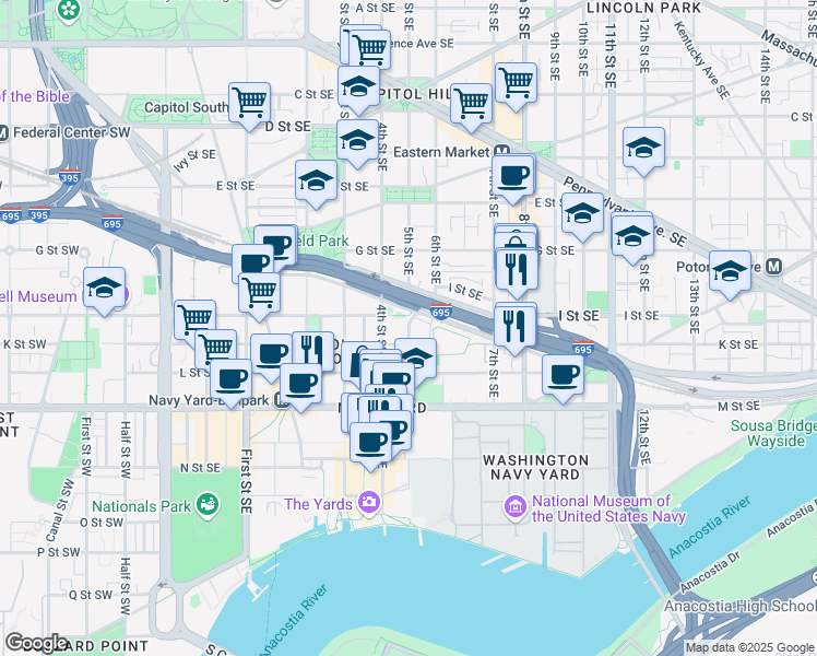 map of restaurants, bars, coffee shops, grocery stores, and more near 911 5th Street Southeast in Washington