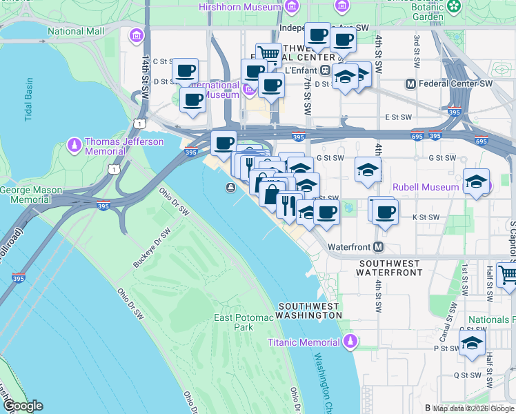 map of restaurants, bars, coffee shops, grocery stores, and more near 800 Wharf Street Southwest in Washington