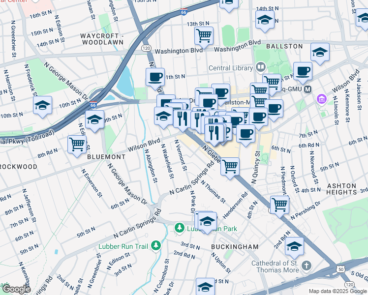 map of restaurants, bars, coffee shops, grocery stores, and more near 722 North Tazewell Street in Arlington