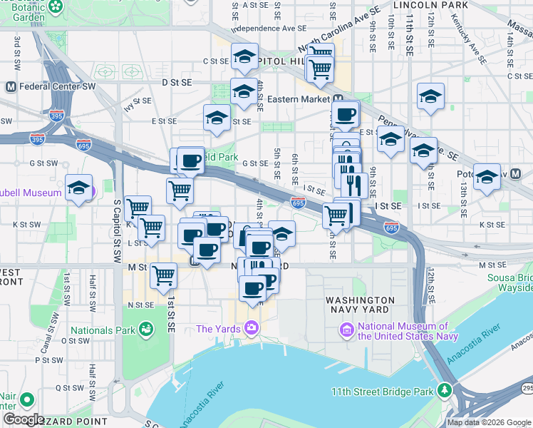 map of restaurants, bars, coffee shops, grocery stores, and more near 101 Independence Avenue Southeast in Washington