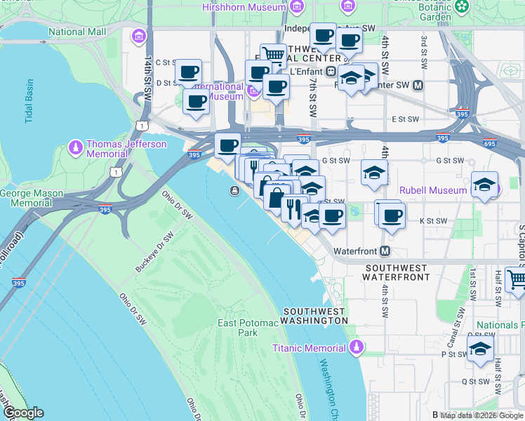 map of restaurants, bars, coffee shops, grocery stores, and more near 800 Wharf Street Southwest in Washington