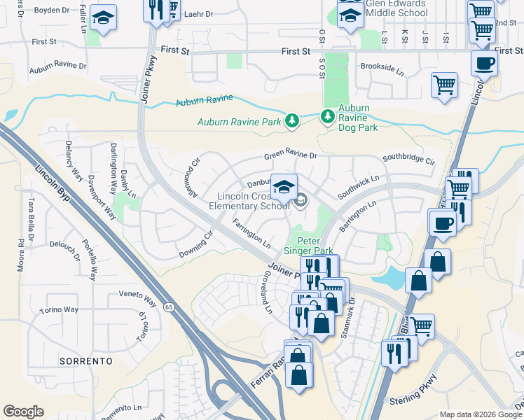 map of restaurants, bars, coffee shops, grocery stores, and more near 645 Linley Lane in Lincoln