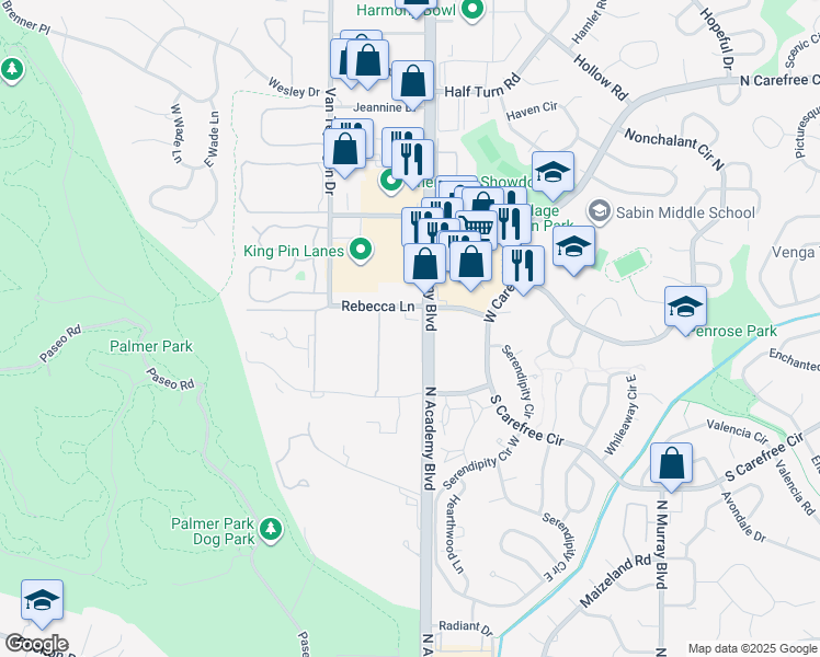 map of restaurants, bars, coffee shops, grocery stores, and more near 3290 North Academy Boulevard in Colorado Springs
