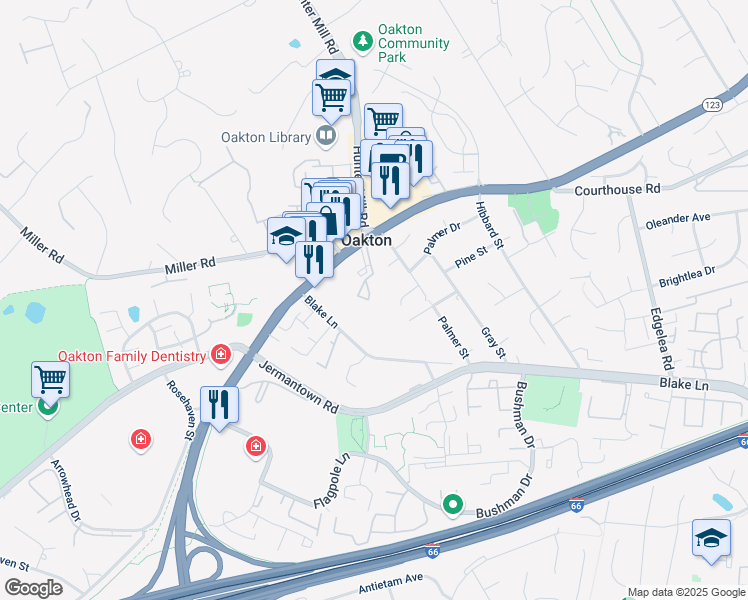 map of restaurants, bars, coffee shops, grocery stores, and more near 3015 Oakton Meadows Court in Oakton