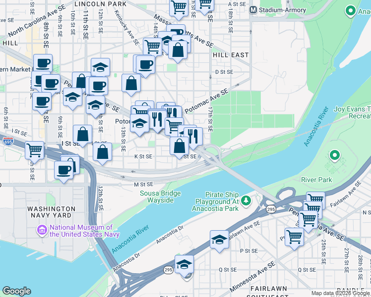 map of restaurants, bars, coffee shops, grocery stores, and more near 101 Independence Avenue Southeast in Washington