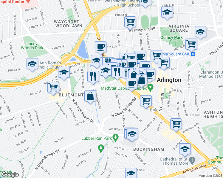 map of restaurants, bars, coffee shops, grocery stores, and more near 766 North Vermont Street in Arlington