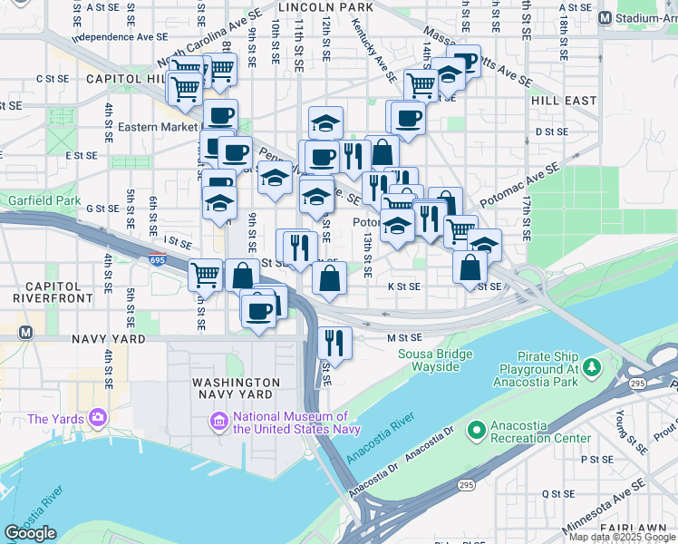 map of restaurants, bars, coffee shops, grocery stores, and more near 1220 Potomac Avenue Southeast in Washington