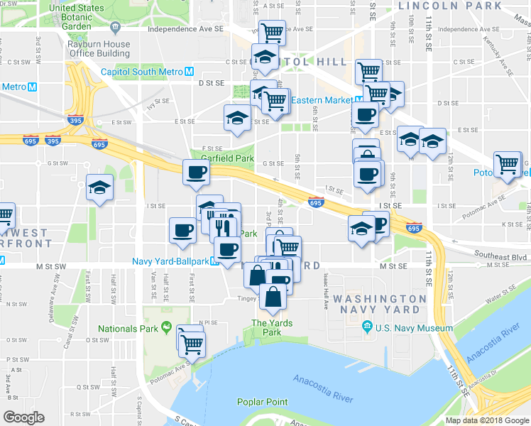 map of restaurants, bars, coffee shops, grocery stores, and more near 909 3rd Place Southeast in Washington