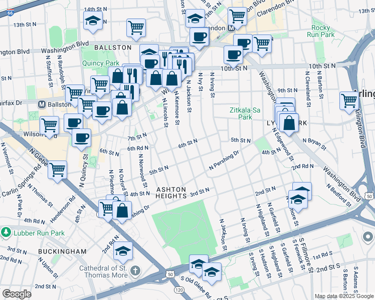 map of restaurants, bars, coffee shops, grocery stores, and more near 517 North Kenmore Street in Arlington