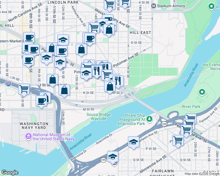 map of restaurants, bars, coffee shops, grocery stores, and more near 101 Independence Avenue Southeast in Washington