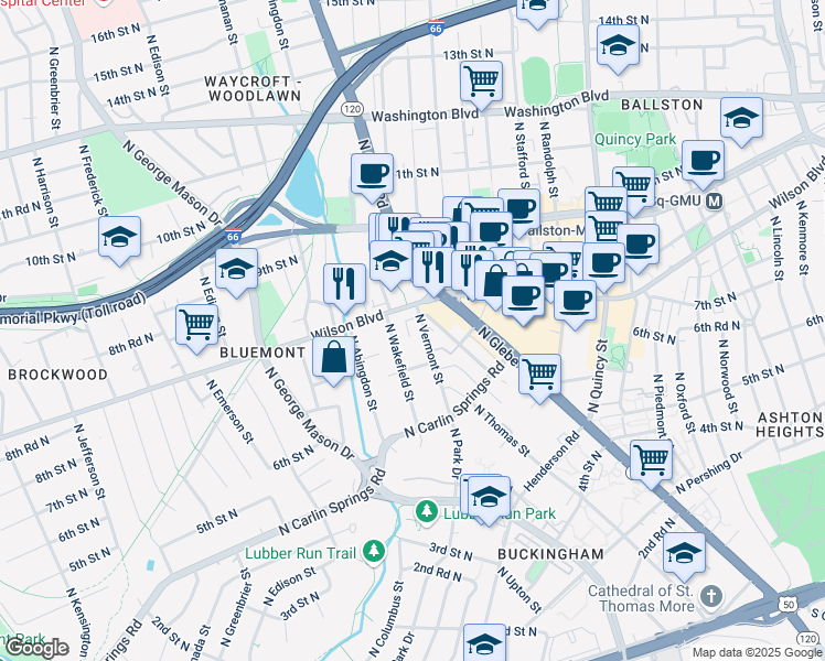 map of restaurants, bars, coffee shops, grocery stores, and more near 766 North Vermont Street in Arlington