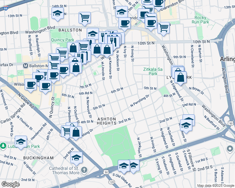 map of restaurants, bars, coffee shops, grocery stores, and more near 517 North Kenmore Street in Arlington