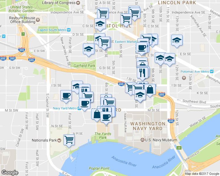 map of restaurants, bars, coffee shops, grocery stores, and more near 101 Independence Avenue Southeast in Washington