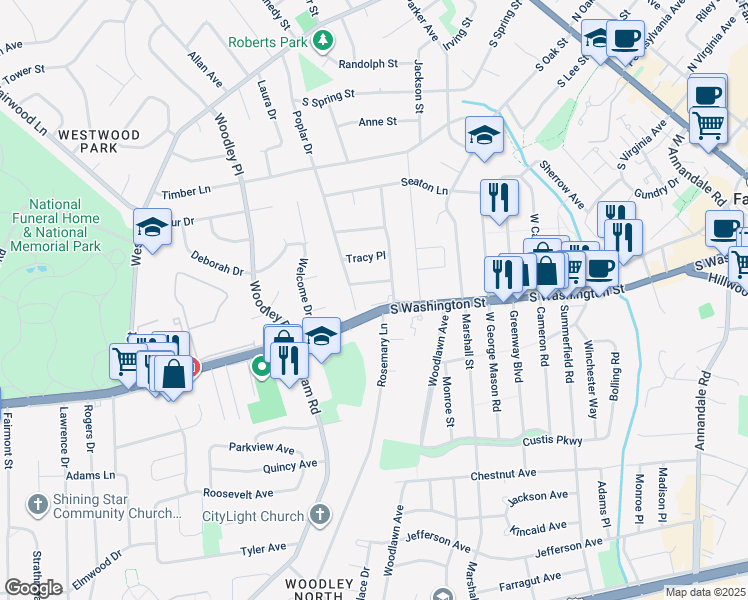 map of restaurants, bars, coffee shops, grocery stores, and more near 1310 South Washington Street in Falls Church
