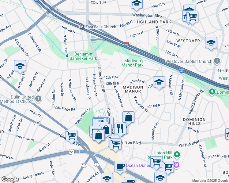 map of restaurants, bars, coffee shops, grocery stores, and more near 1116 North Rochester Street in Arlington