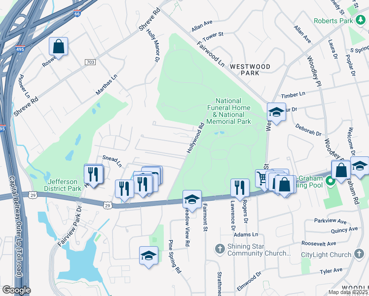 map of restaurants, bars, coffee shops, grocery stores, and more near 2752 Hollywood Road in Falls Church