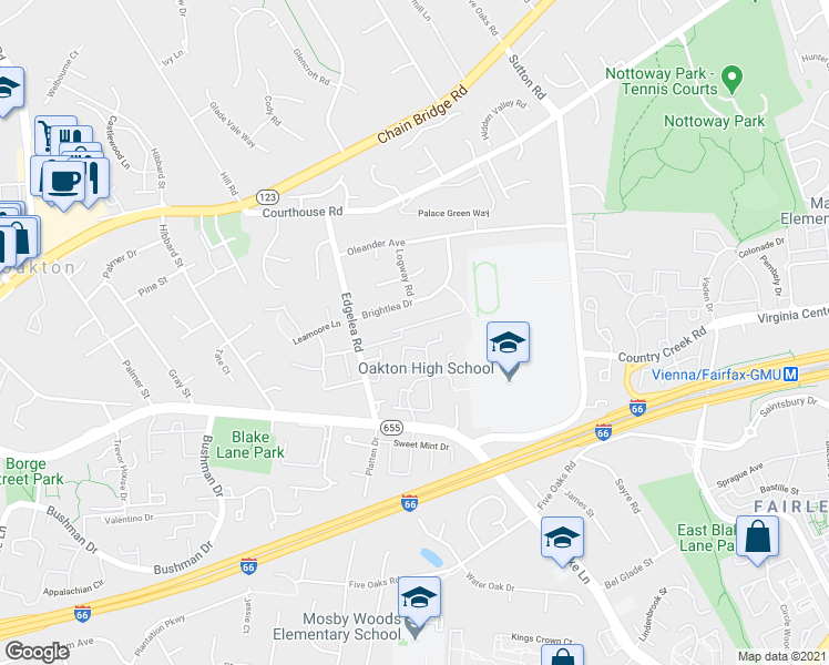 map of restaurants, bars, coffee shops, grocery stores, and more near 9859 Oakdale Woods Court in Vienna