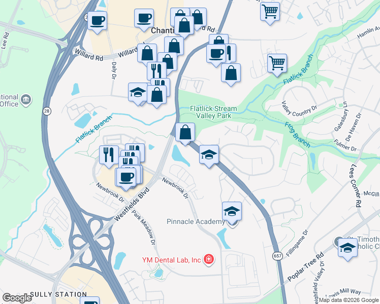 map of restaurants, bars, coffee shops, grocery stores, and more near 14127 Robert Paris Court in Chantilly
