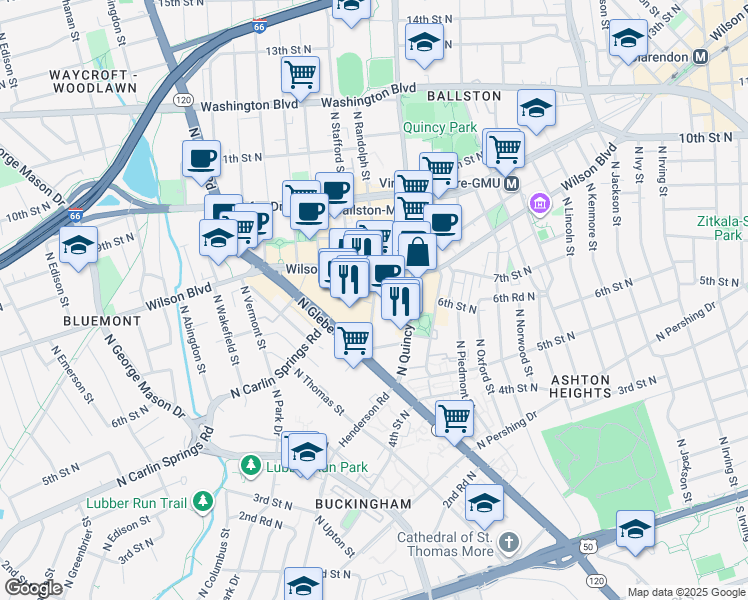 map of restaurants, bars, coffee shops, grocery stores, and more near 675 North Randolph Street in Arlington