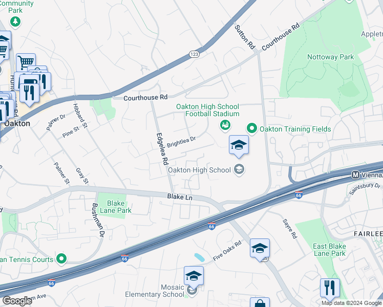 map of restaurants, bars, coffee shops, grocery stores, and more near 9859 Oakdale Woods Court in Vienna
