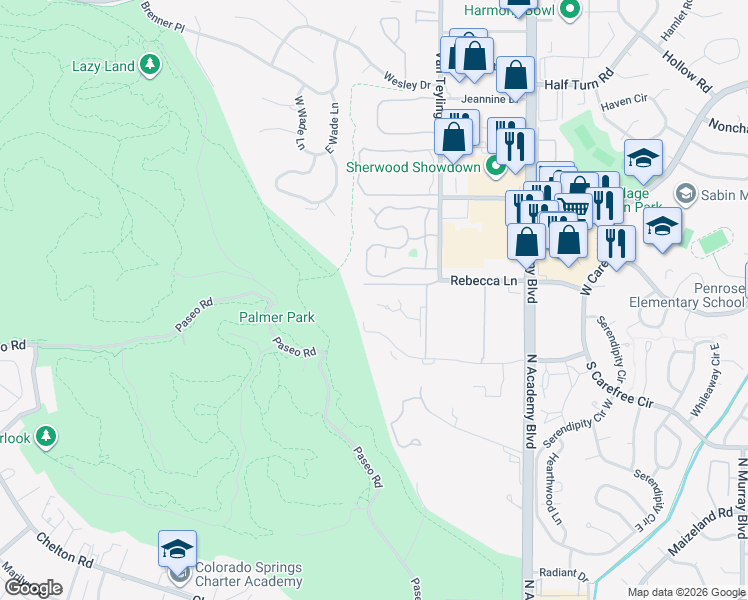 map of restaurants, bars, coffee shops, grocery stores, and more near 3455 Rebecca Lane in Colorado Springs