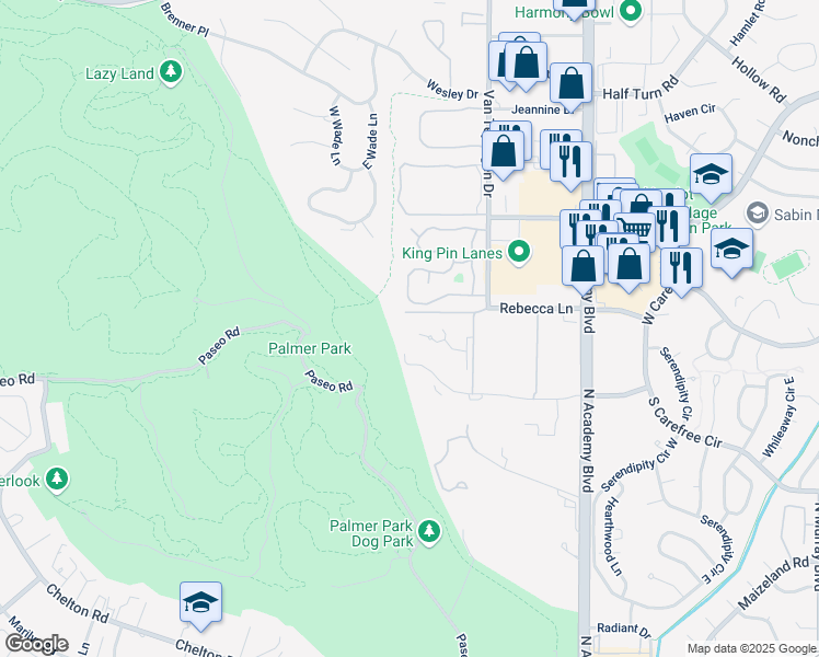 map of restaurants, bars, coffee shops, grocery stores, and more near 3410 Parkmoor Village Drive in Colorado Springs