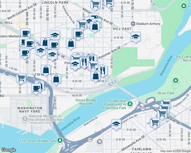 map of restaurants, bars, coffee shops, grocery stores, and more near 101 Independence Avenue Southeast in Washington
